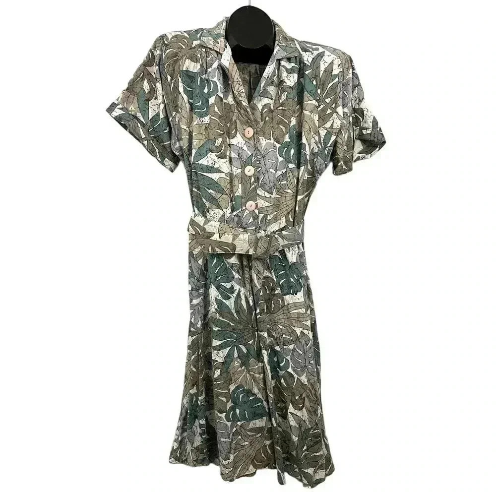 VTG Miss Oops Leaves Pattern‎ Drop Waist Dress With Belt Medium 1970s